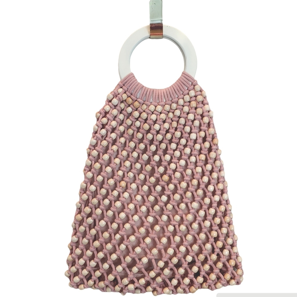 C & C California women bucket pink macrame wood bead ring bag wooden handle boho